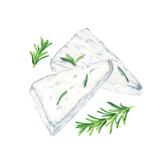 Greek feta cheese slices and rosemary herb composition. Watercolor illustration isolated on a white background