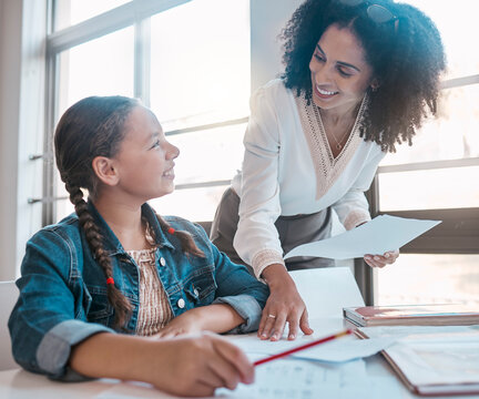 Paper, Education Or Teacher Helping A Student In A Classroom With Learning Development Or Studying Notes. Writing, Notebook Or Happy Black Woman Teaching, Talking Or Speaking To A High School Girl