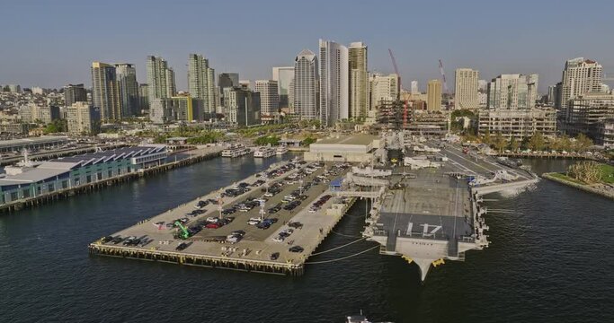 San Diego California Aerial v91 low flyover bay capturing historical uss midway museum, broadway pier, cruise ship terminal and waterfront downtown cityscape - Shot with Mavic 3 Cine - September 2022
