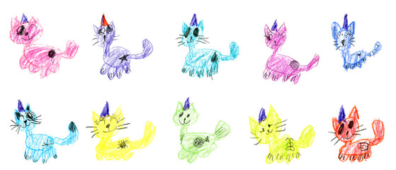 Colored kid's crayon hand drawn illustration cats set