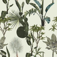 Tropical vintage  palm, plant, plumeria flowers floral seamless border, vintage background. Exotic  jungle wallpaper. - 564943012