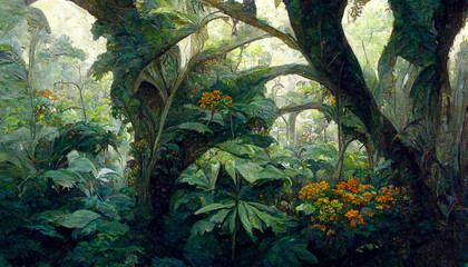 Fototapeta na wymiar oil painting of the jungle canopy big leaves flowers detailed illustration Generative AI Content by Midjourney