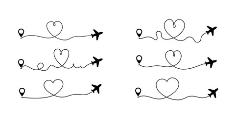 Set of plane and heart shape path,  love travel, illustration