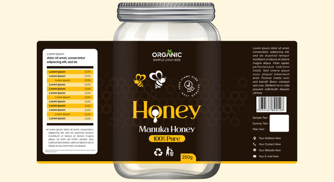 Manuka Honey label design jar packaging design black and gold honey label creative label  honey bee honeycomb design pure manuka honey label design template illustration