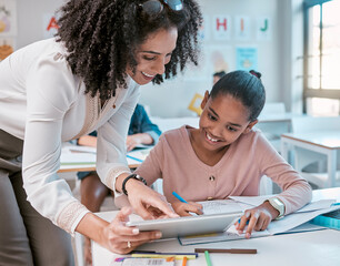 Tablet education, teacher and kid learning, writing and digital support, helping and classroom mentor. Black woman or person teaching child on technology in English, language or creative development - Powered by Adobe
