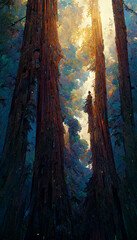 Fototapeta na wymiar looking up at a massive redwood tree dramatic lighiting Generative AI Content by Midjourney