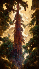 Fototapeta premium looking up at a massive redwood tree dramatic lighiting Generative AI Content by Midjourney