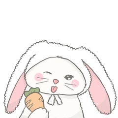 A cute white cat wearing a bunny ears hat holding a carrot.