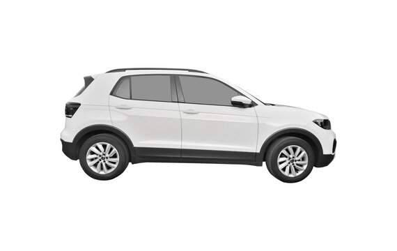 white VOLKSWAGEN T-CROSS, side view, 3d rendering of PNG transparent car	