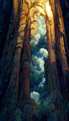 looking up at a massive redwood tree dramatic lighiting Generative AI Content by Midjourney