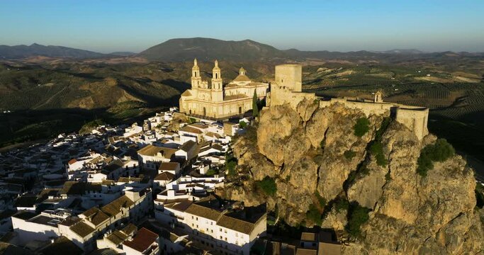 Mountain Village Of Olvera In The Province of C&aacute;diz, Andalusia, Spain During Sunrise. Aerial Drone Shot