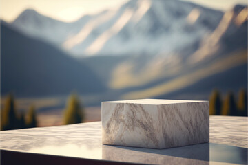 Marble stone pieces with blurred landscape background for product display, rough geometric rock shapes. ai generative.