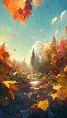 A clear autumn day in a forest colorful leaves are falling Generative AI Content by Midjourney