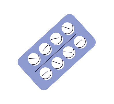 Pill blister with round tablets, medicines. Medical package with medicaments, drugs. Painkillers in pack. Pharmacy, prescription concept. Flat vector illustration isolated on white background