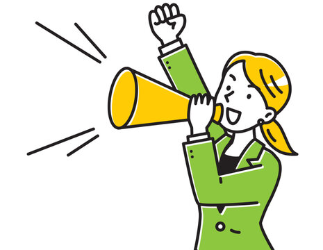 recommend clip art: メガホンを持って応援するスーツ姿の若い女性