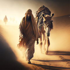Leading the Way: A Bedouin and His Camel Across the Desert Sands