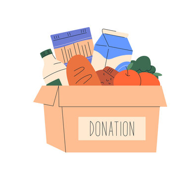 Donation box with food, humanitarian aid. Cardboard full of groceries, foodstuff, products for needy, hungry. Charity, charitable help concept. Flat vector illustration isolated on white background