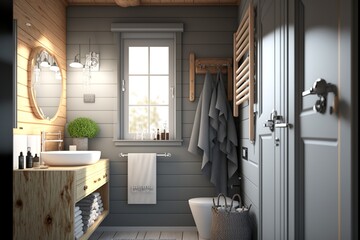 Scandinavian interior style bathroom with porcelain wahsbasin, natural wood cabinet and towels in a sunny morning
