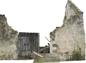 Isolated PNG cutout of a ruined house made of rocks and wood on a transparent background, ideal for photobashing, matte-painting, concept art
