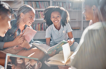 Books, storytelling or excited students reading in library for learning development or youth group...
