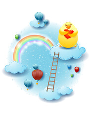 Landscape with clouds, ladder and chick with heart. Fantasy illustration, vector eps10