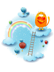 Landscape with clouds, ladder and kitten with heart. Fantasy illustration, vector eps10