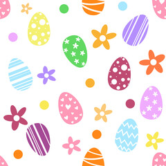 Happy Easter Day. Seamless Pattern with painted eggsand flowers. For holiday banner, web poster, flyer, stylish printing wrapping paper, wallpaper, packaging, fabric. Vector illustration.