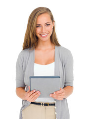 An attractive young woman holding a digital tablet and looking at the camera isolated on a PNG...