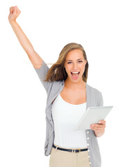 An attractive young woman looking excited while holding a digital tablet isolated on a PNG background.