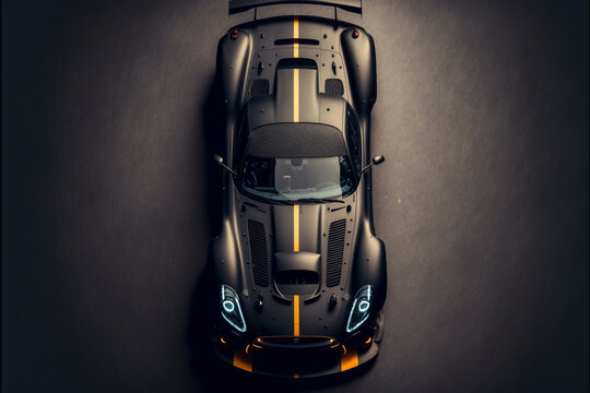 TOP View Of A Black Car With Yellow Stripesilhouette Of A Modern Generic Sports Racing Car Standing In A Dark Garage  Generative AI