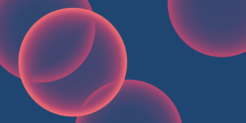 Dark Blue Background, Header or Banner Design with Large Red and Purple Overlaying Globes, Bubbles Pattern - Multi Purpose Creative Wide Scale Template for Web with Copyspace in Editable Vector Format