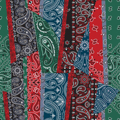 Coloured paisley bandana fabric patchwork abstract vector seamless pattern - obrazy, fototapety, plakaty