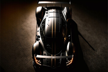 TOP view of yellow and black silhouette of a modern generic sports racing car standing in a dark garage 