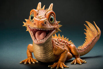 A friendly dragon character on dark background, Generative AI