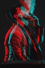 Side profile of male model smoking, futuristic neon lighting with double exposure in studio with creative dark background. Luxury mens fashion, man cigarette with designer suit in trippy aesthetic