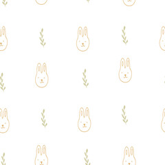 seamless pattern with rabbit head and leaves on white background.Tender spring print for wallpaper,cover design,packaging,holiday decor, kids fashion,baby illustration, 2023 symbol.