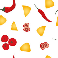 Seamless pattern with red chili pepper, tomato, nachos on a white background. Square composition. Vector background.