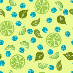 Seamless pattern of Mojito ingredients on green background. Alcohol or non-alcoholic cocktail. Classic cocktail with lime, mint and ice.  Summer party drink.