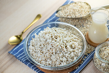 Hot Boiled Job’s Tears millet seed from boiler. White boiled Job’s Tears is highly nutritious cereal healthy fresh organic in salad dish.