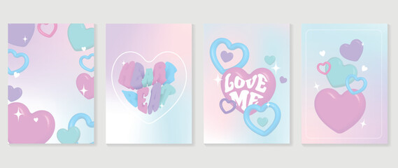 Abstract gradient Y2K style template cover vector set. Happy Valentine's Day decorate with trendy gradient heart vibrant y2k colorful background. Design for greeting card, fashion, commercial, banner.