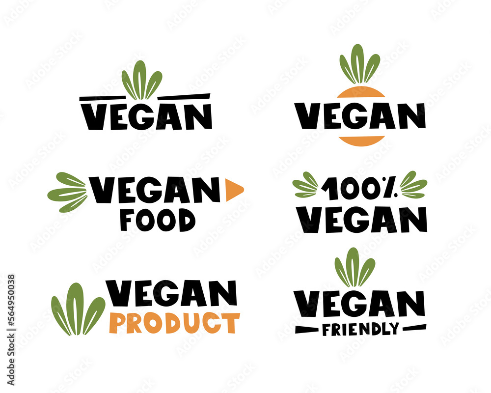 Wall mural Vegan icon set. Bio, Ecology, Organic logos and badges, label, tag. Green leaf on white background. Vector illustration