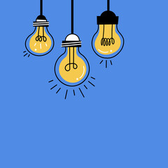 Vector hand drawn illustration with hanging light bulbs and place for text. Modern hipster sketch style. Unique idea and creative thinking concept