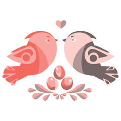 Two birds with Easter eggs Abstract retro style vector illustration.Spring concept.Design for decoration,poster,baner,background.Family of birds with their eggs geometric shapes isolated on white