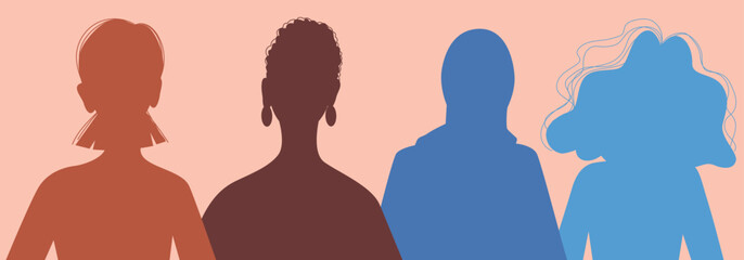 Diverse women silhouettes. Feminist. International women's day. Concept for equality. Various women of different nationality and religion stand together. Girl power. Silhouettes of female heads