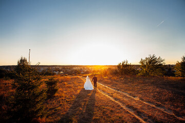 The groom in a dark suit and the bride with a white dress in nature, walk hand in hand towards the orange sunset, towards the horizon, in the field. Trees around.