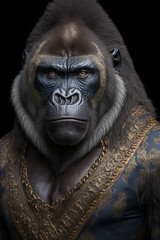 front facing studio photograph of a beautiful majestic Gorilla monkey wearing a gold chains 