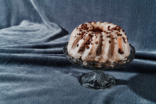 kouglof cake in a vintage glass cake stand