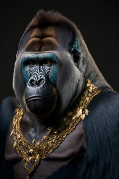 front facing studio photograph of a beautiful majestic Gorilla monkey wearing a gold chains 