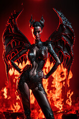 Fototapeta premium Demonic sexy female devil or vampire with flames and fire. Designed using generative ai.