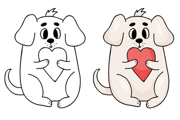 Cute dog with heart. Vector illustration. Cute kids collection animals coloring page. Outline and color drawing for coloring book, design, decor, Valentines cards, print.